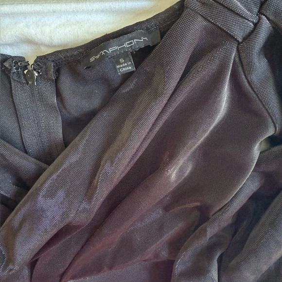 SYMPHONY Black Silvery Off The Shoulder Puff Sleeve Evening Gown Front Slit S - Picture 8 of 11